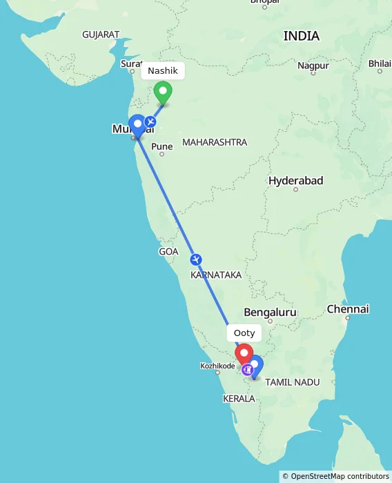 Route map showing distance and travel time from Nashik, India to Ooty, India