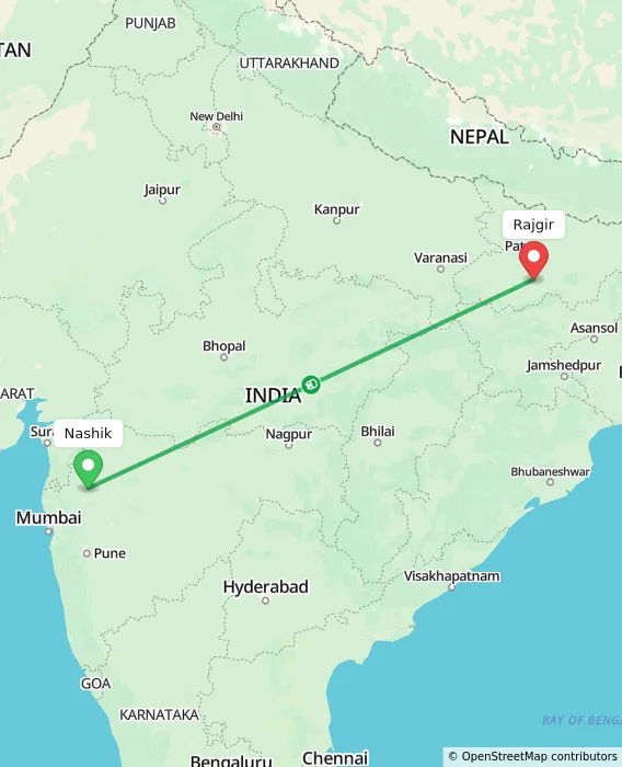 Route map showing distance and travel time from Nashik, India to Rajgir, India