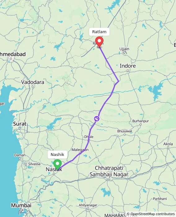 Route map showing distance and travel time from Nashik, India to Ratlam, India