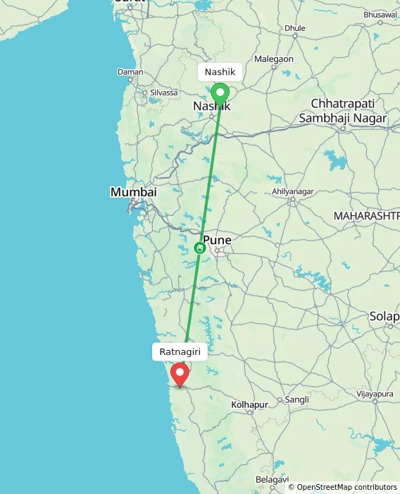 Route map showing distance and travel time from Nashik, India to Ratnagiri, India