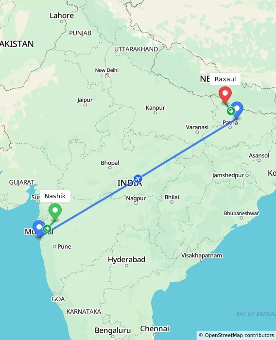 Route map showing distance and travel time from Nashik, India to Raxaul, India