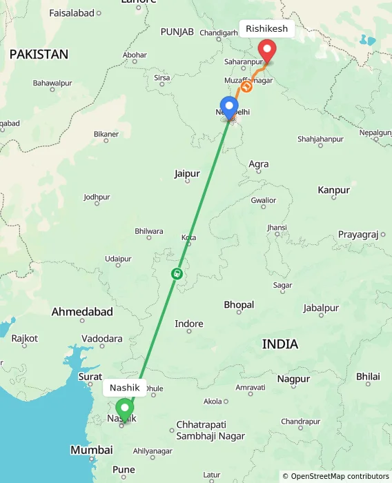 Route map showing distance and travel time from Nashik, India to Rishikesh, India