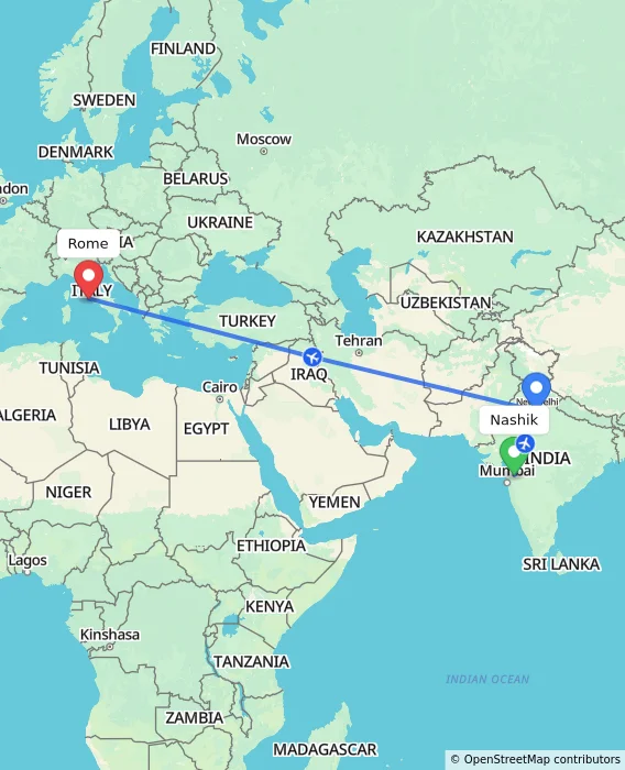 Route map showing distance and travel time from Nashik, India to Rome, Italy