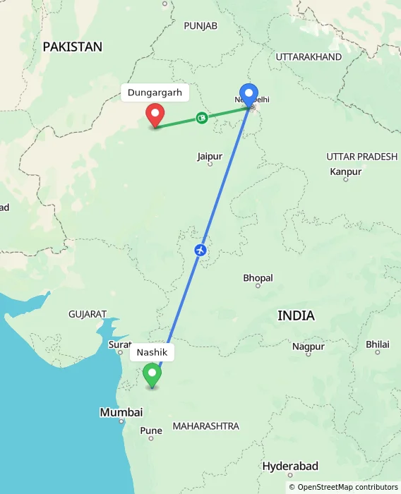 Route map showing distance and travel time from Nashik, India to Dungargarh, India