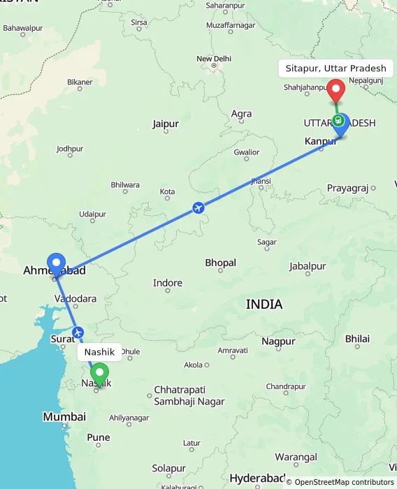 Route map showing distance and travel time from Nashik, India to Sitapur, Uttar Pradesh, India