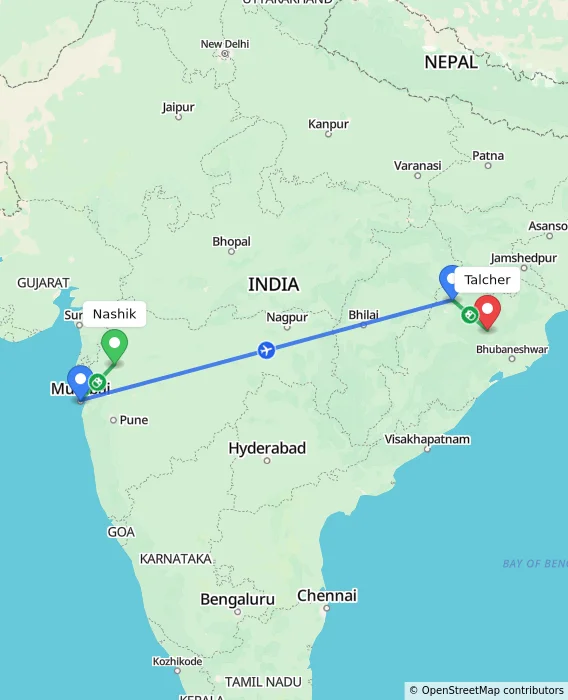 Route map showing distance and travel time from Nashik, India to Talcher, India