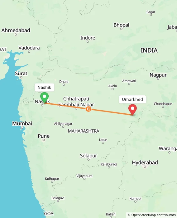 Route map showing distance and travel time from Nashik, India to Umarkhed, India