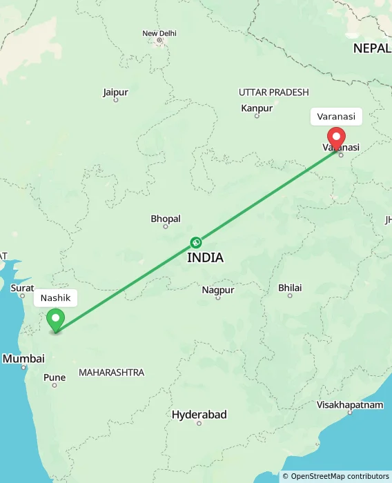 Route map showing distance and travel time from Nashik, India to Varanasi, India