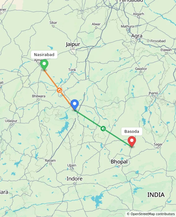 Route map showing distance and travel time from Nasirabad, India to Basoda, India