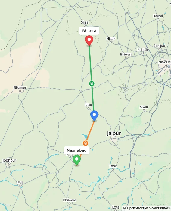 Route map showing distance and travel time from Nasirabad, India to Bhadra, India
