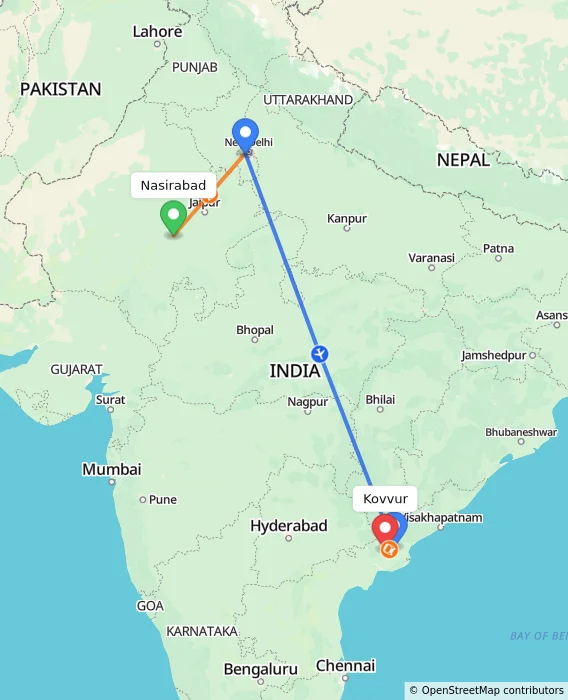 Route map showing distance and travel time from Nasirabad, India to Kovvur, India