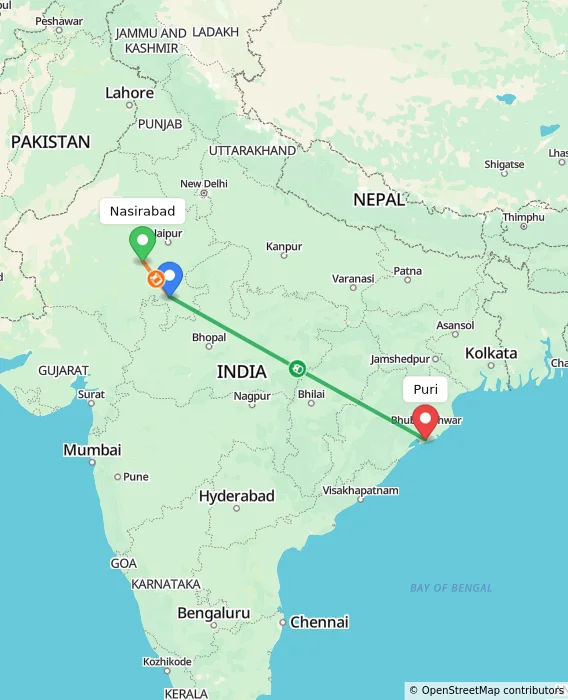 Route map showing distance and travel time from Nasirabad, India to Puri, India