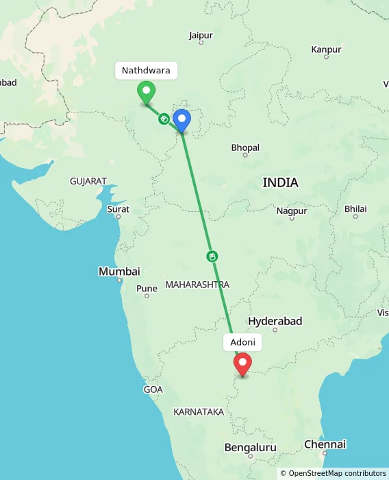 Route map showing distance and travel time from Nathdwara, India to Adoni, India