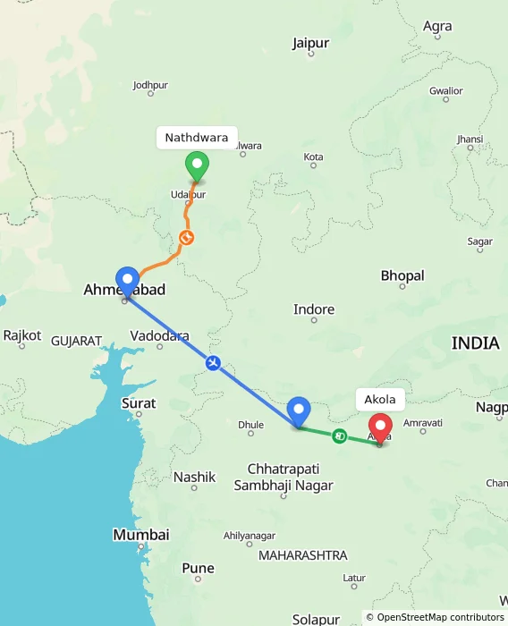Route map showing distance and travel time from Nathdwara, India to Akola, India
