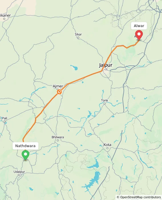 Route map showing distance and travel time from Nathdwara, India to Alwar, India