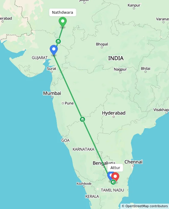 Route map showing distance and travel time from Nathdwara, India to Attur, India
