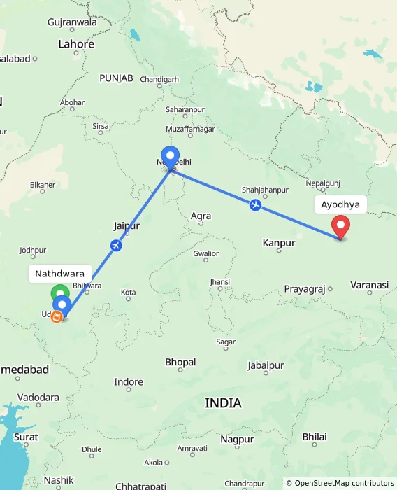 Route map showing distance and travel time from Nathdwara, India to Ayodhya, India
