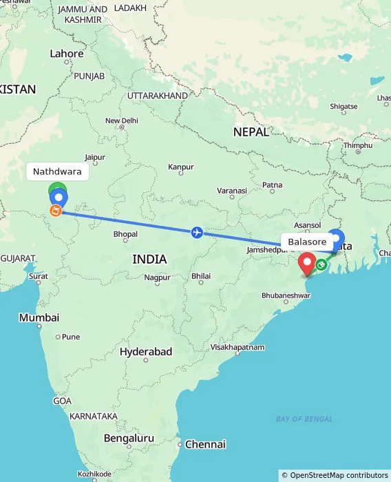 Route map showing distance and travel time from Nathdwara, India to Balasore, India