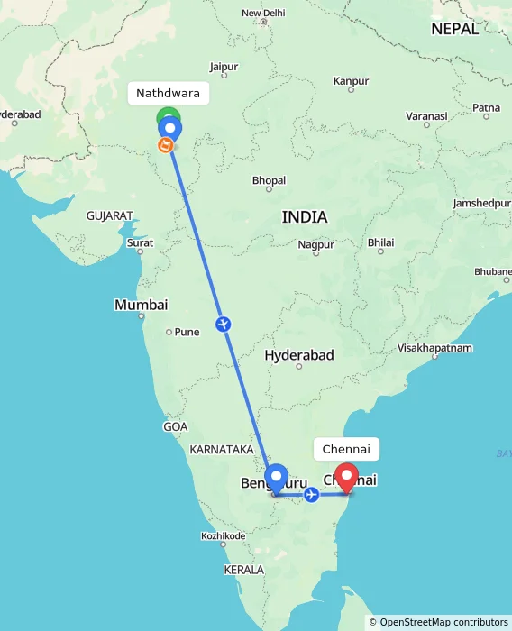 Route map showing distance and travel time from Nathdwara, India to Chennai, India