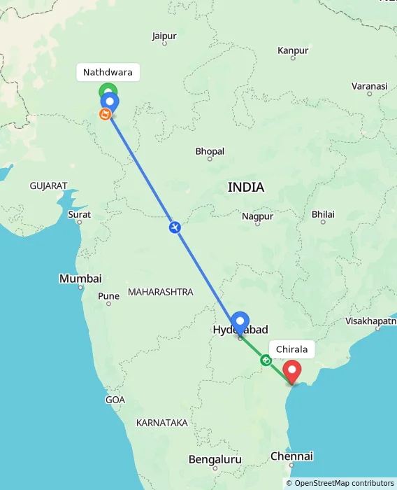 Route map showing distance and travel time from Nathdwara, India to Chirala, India
