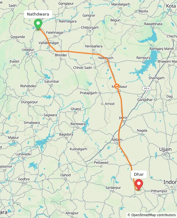 Route map showing distance and travel time from Nathdwara, India to Dhar, India