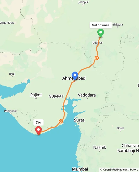 Route map showing distance and travel time from Nathdwara, India to Diu, India