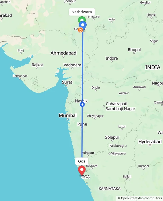 Route map showing distance and travel time from Nathdwara, India to Goa, India