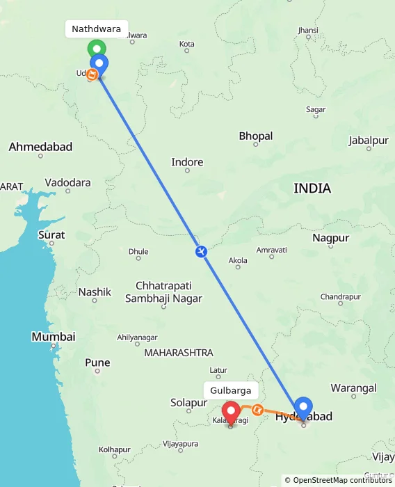 Route map showing distance and travel time from Nathdwara, India to Gulbarga, India