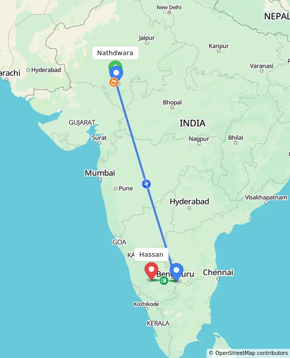 Route map showing distance and travel time from Nathdwara, India to Hassan, India