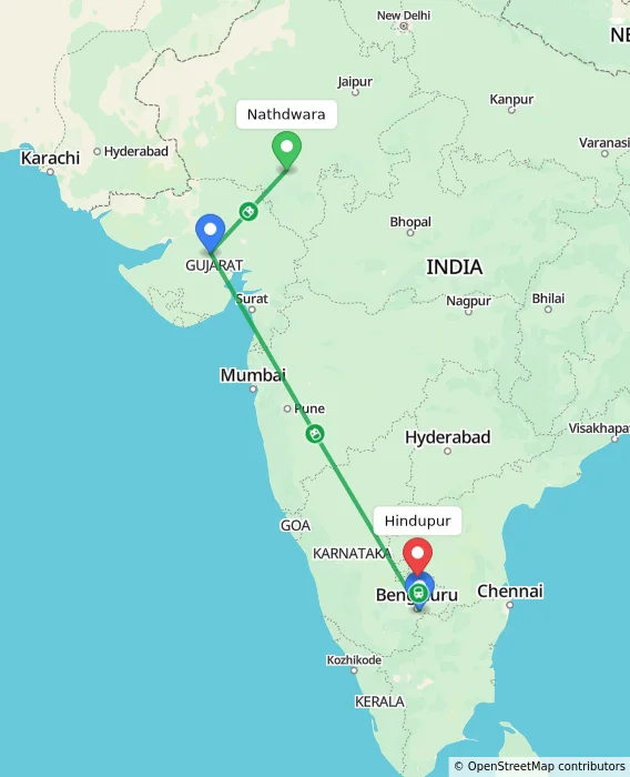 Route map showing distance and travel time from Nathdwara, India to Hindupur, India