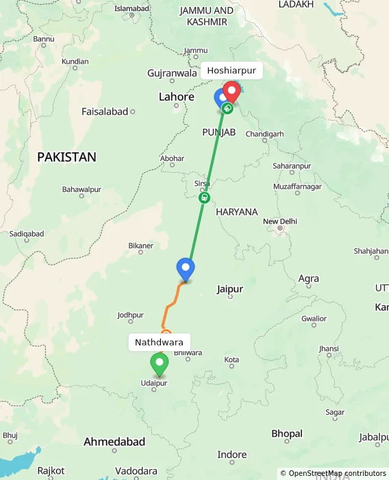 Route map showing distance and travel time from Nathdwara, India to Hoshiarpur, India
