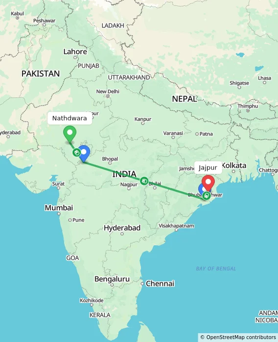 Route map showing distance and travel time from Nathdwara, India to Jajpur, India