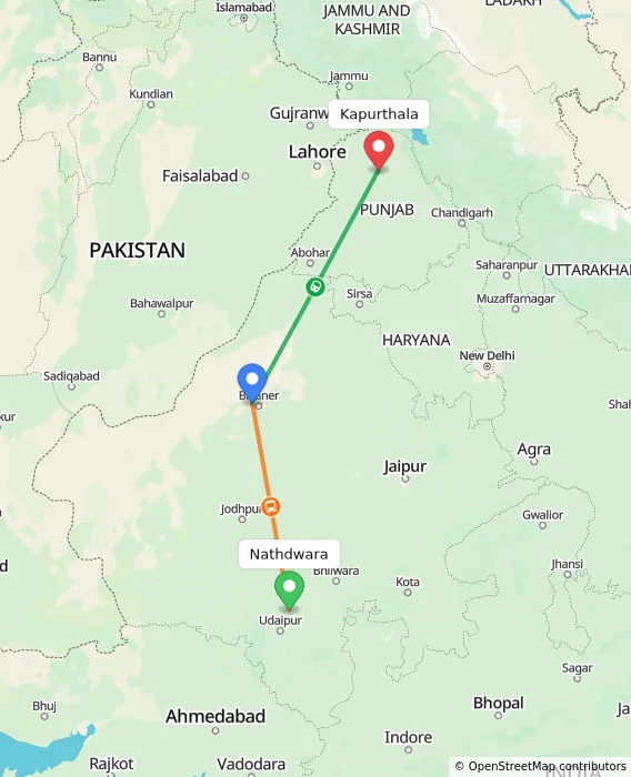 Route map showing distance and travel time from Nathdwara, India to Kapurthala, India