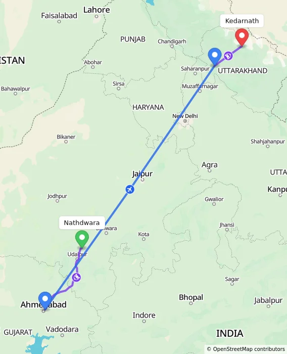 Route map showing distance and travel time from Nathdwara, India to Kedarnath, India