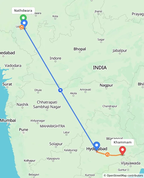 Route map showing distance and travel time from Nathdwara, India to Khammam, India
