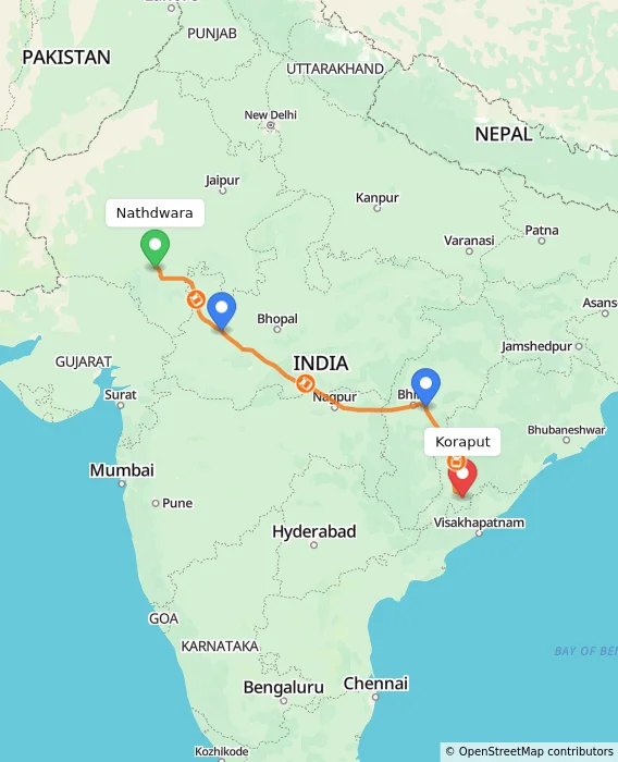 Route map showing distance and travel time from Nathdwara, India to Koraput, India