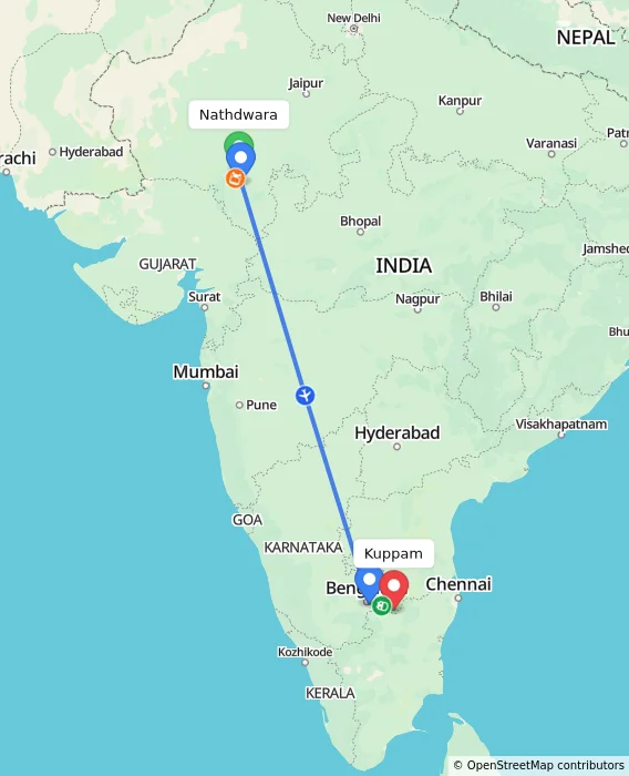 Route map showing distance and travel time from Nathdwara, India to Kuppam, India