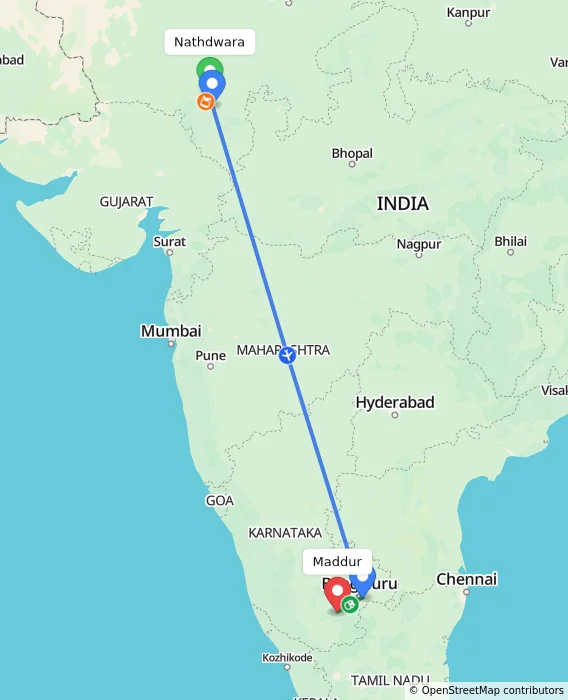 Route map showing distance and travel time from Nathdwara, India to Maddur, India
