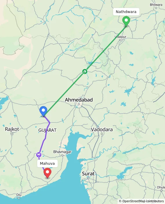 Route map showing distance and travel time from Nathdwara, India to Mahuva, India