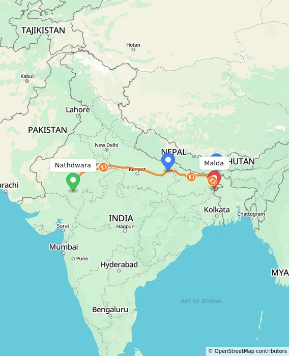 Route map showing distance and travel time from Nathdwara, India to Malda, India