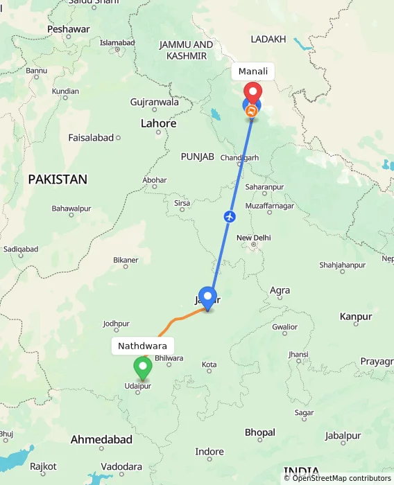 Route map showing distance and travel time from Nathdwara, India to Manali, India