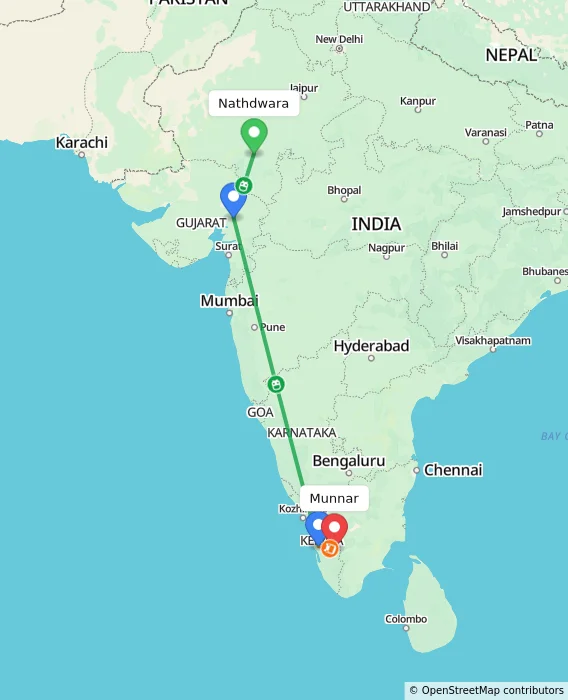Route map showing distance and travel time from Nathdwara, India to Munnar, India