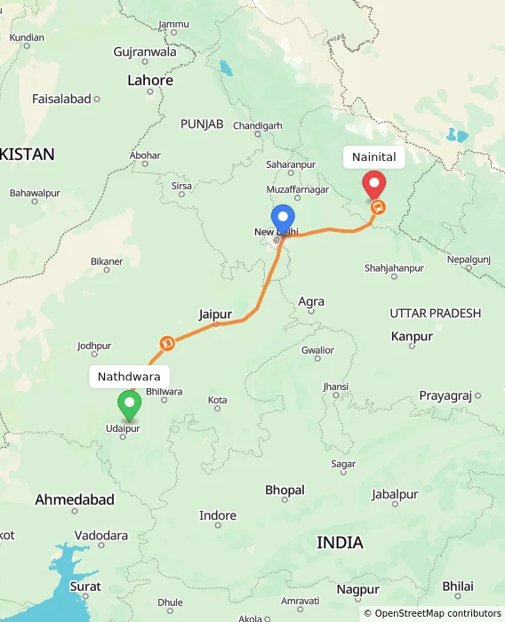 Route map showing distance and travel time from Nathdwara, India to Nainital, India