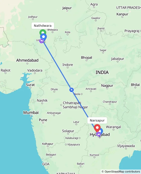 Route map showing distance and travel time from Nathdwara, India to Narsapur, India