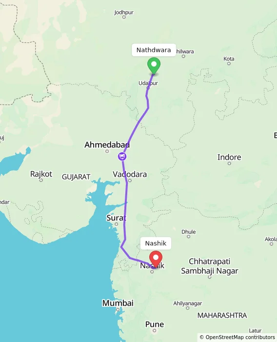 Route map showing distance and travel time from Nathdwara, India to Nashik, India