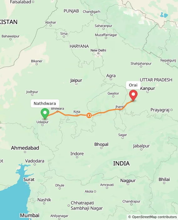 Route map showing distance and travel time from Nathdwara, India to Orai, India