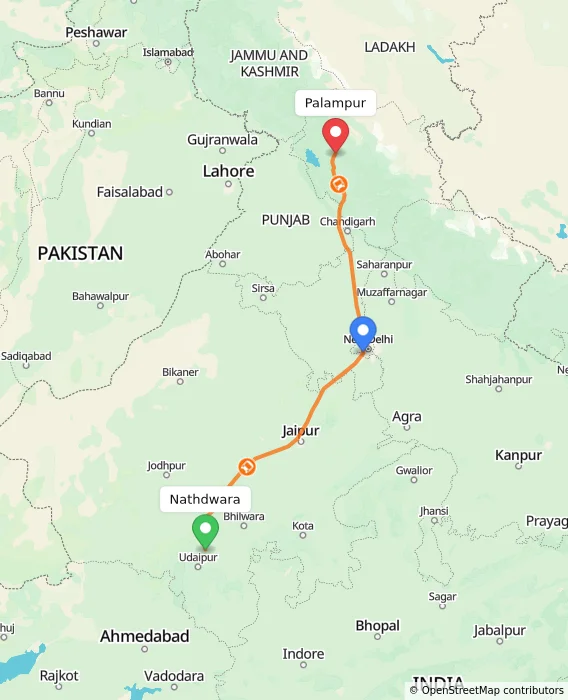 Route map showing distance and travel time from Nathdwara, India to Palampur, India