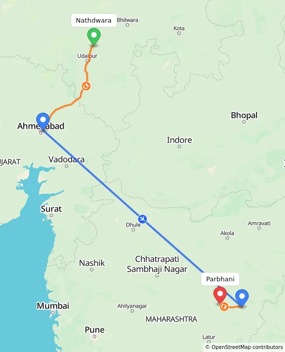 Route map showing distance and travel time from Nathdwara, India to Parbhani, India