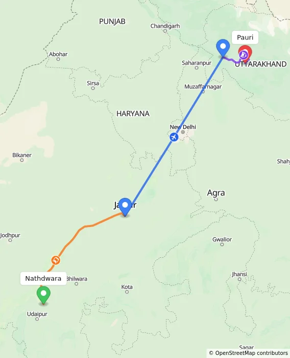 Route map showing distance and travel time from Nathdwara, India to Pauri, India