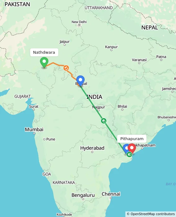Route map showing distance and travel time from Nathdwara, India to Pithapuram, India